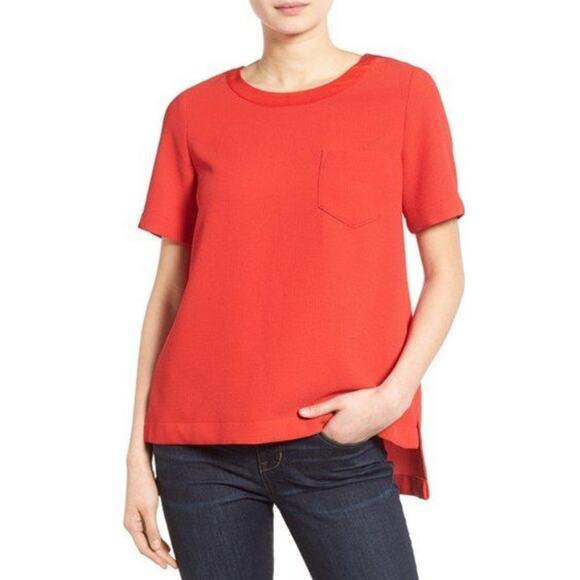 Madewell Red Short Sleeve Button Back Top Womens S Silk Trim High Low Crew Neck - Picture 1 of 8